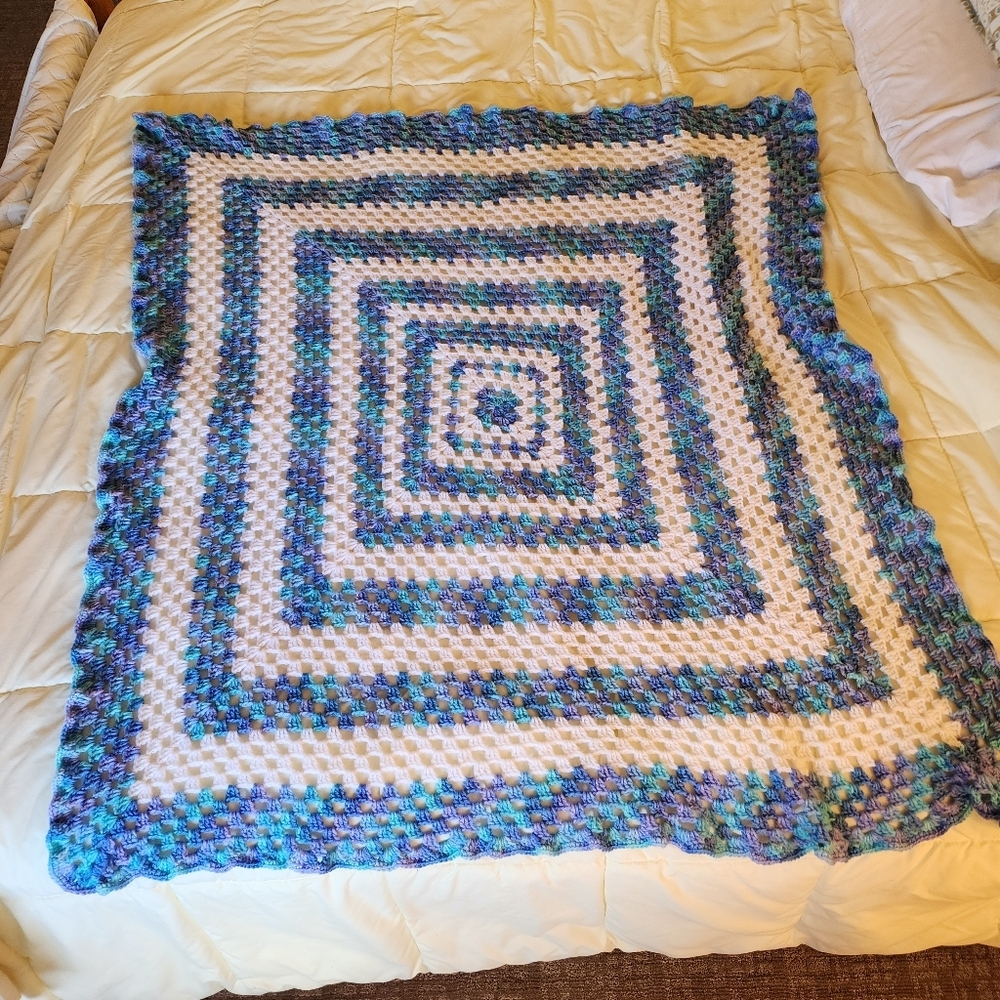 Handmade Blue & White Crochet Blanket Beach Ocean Colors Granny Square 60x60